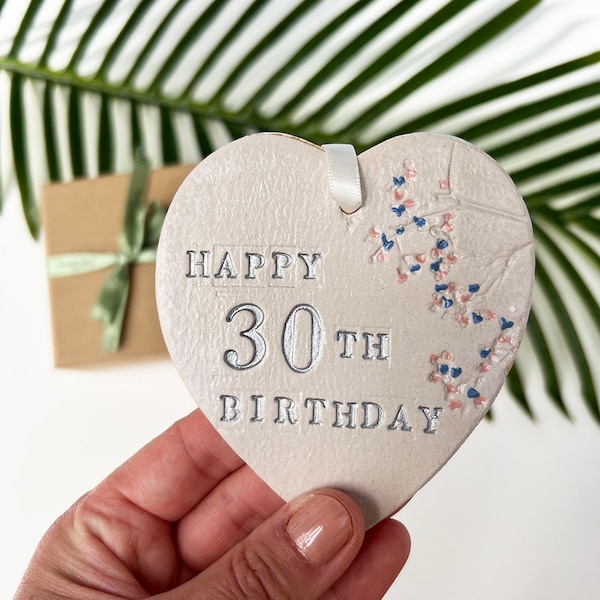 30th Birthday Hanging Heart, Milestone Birthday Ceramic Gift With Optional Matching Greetings Card