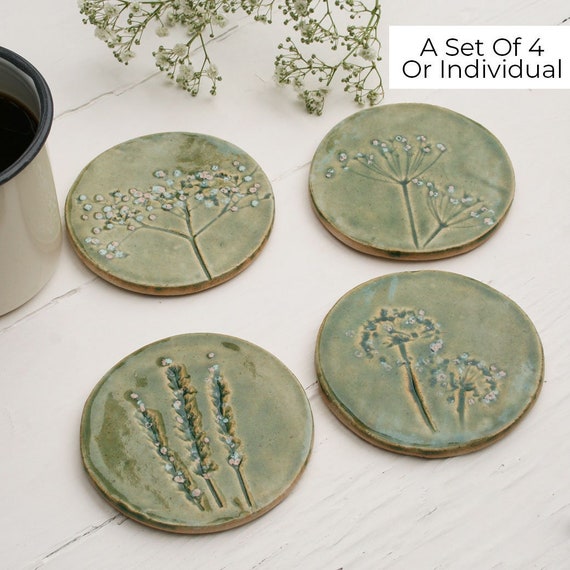 Green Meadow Wild Flower Ceramic Coasters, Set of Four Ceramic Coasters or  Individual 