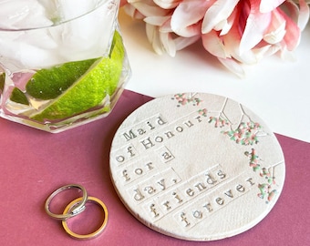 Maid of Honour Floral Ceramic Coaster, Personalised Wedding Gift, Bride Tribe Keepsake, Letterbox Gifting