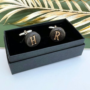 Father's Day Initial Cuff Links, Black and Gold Modern Ceramic Cuff Links, Personalised Cuff Links, Gifts for Him, Gifts for Wedding image 1