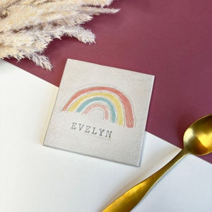 Personalised Rainbow Ceramic Coaster, Custom Square Ceramic Coaster Keepsake, Gifts for Her, Birthday Gifts, New Baby Gift