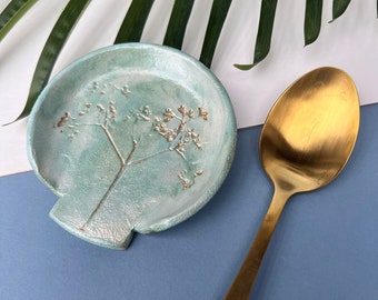 Green And Gold Ceramic Spoon Rest - Kitchen decor, Spoon holder for kitchen - ceramic handmade pottery