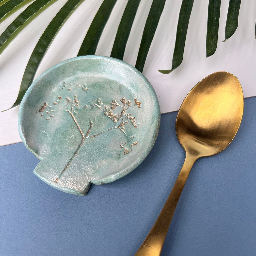 Green And Gold Ceramic Spoon Rest - Kitchen decor, Spoon holder for kitchen - ceramic handmade pottery
