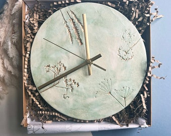 Green And Gold Wall Clock, Kitchen Accessories, Handmade Hand painted Ceramic Clock, Housewarming Gift