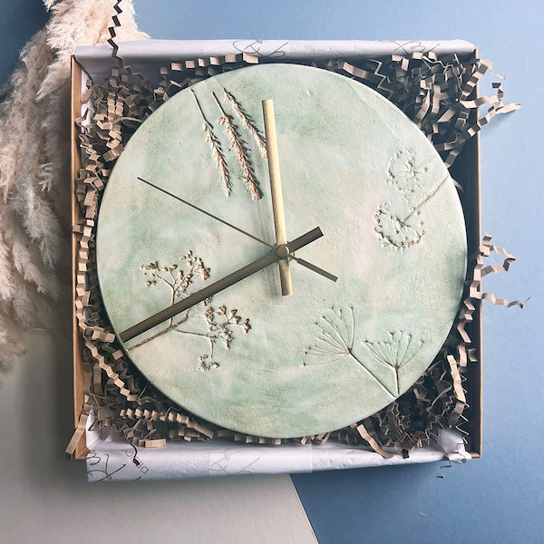 Green And Gold Wall Clock, Kitchen Accessories, Handmade Hand painted Ceramic Clock, Housewarming Gift