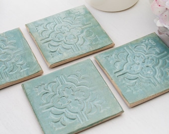 Moroccan Styled Green Coaster, Green Glazed Geometric Coaster Set, Housewarming Gifts, Gifts for New or First Home, Handmade Ceramics