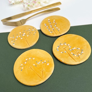 Mustard Wild Flower Coasters, Circular Ceramic Coasters Individual or Set of 4, Unique Handmade Housewarming gift
