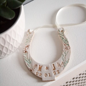 Forest Themed Wedding Horseshoe, Personalised Wedding Gift for the Bride and Groom, Ceramic Horseshoe