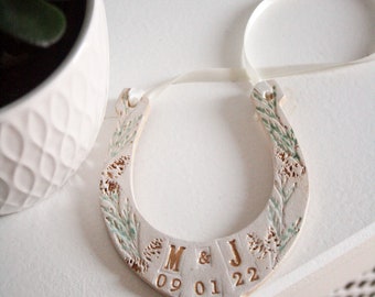 Forest Themed Wedding Horseshoe, Personalised Wedding Gift for the Bride and Groom, Ceramic Horseshoe