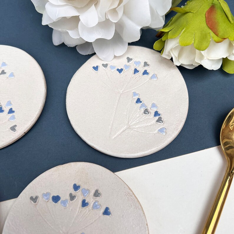 Blue Hearts Wild Flower Coaster, Valentines Inspired Ceramic Floral Coasters, Individual or Set of 4, Gifts for Her, Valentine's Day Gift image 3