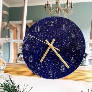 Dark Blue Wall Clock, Kitchen Accessories, Handmade Hand painted Ceramic Clock, Housewarming Gift