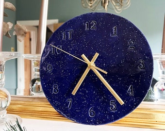 Dark Blue Wall Clock, Kitchen Accessories, Handmade Hand painted Ceramic Clock, Housewarming Gift