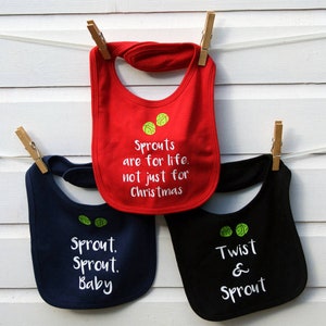 Set of Three Christmas Bibs, Fun Christmas Baby Bibs For Your Little One, Gifts for Sprout Lovers, Red, Navy And Black Baby Bibs
