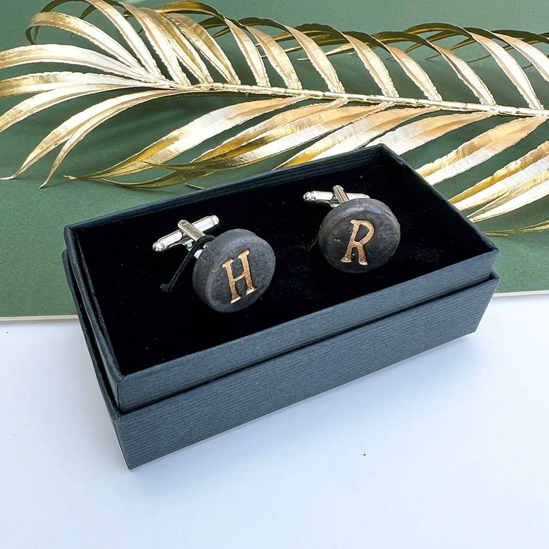 Father's Day Initial Cuff Links, Black and Gold Modern Ceramic Cuff Links, Personalised Cuff Links, Gifts for Him, Gifts for Wedding image 2
