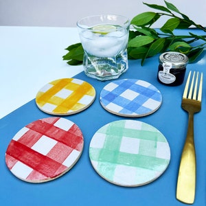 Round Ceramic Picnic Styled Coasters, Handmade Gingham Pattern Coasters, Set of 6 or Individual, Gifts for the home image 8