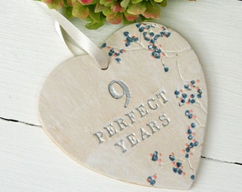 Nine Perfect Years Ceramic Hanging Heart, Handmade Hanging Decoration, Nine Year Anniversary Ceramic Gift