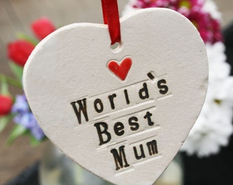World's Best Mum Ceramic Hanging Heart, Personalised Mother's Day Gift, Gifts for Mum
