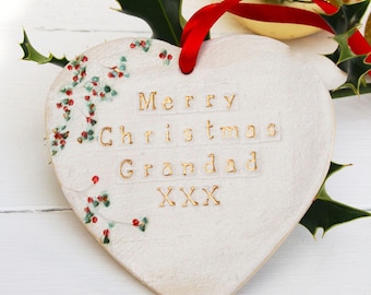 Merry Christmas Grandad Ceramic Heart, Personalised Heart Christmas Decoration, Christmas Gifts For Grandparents