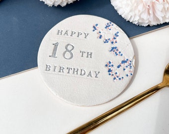 18th Birthday Floral Coaster, Milestone Birthday Ceramic Gift With Optional Matching Greetings Card