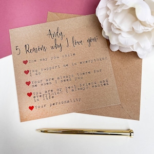 Five Reasons I Love You Valentine's Card, Personalised Greetings Card For Your Loved One For Valentines Day, Reasons Why I Love You
