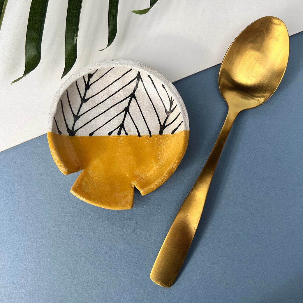 Mustard Herringbone Ceramic Spoon Rest Kitchen Decor Spoon