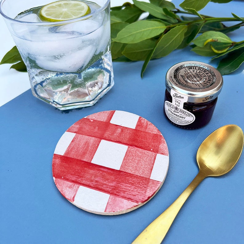 Round Ceramic Picnic Styled Coasters, Handmade Gingham Pattern Coasters, Set of 6 or Individual, Gifts for the home Red