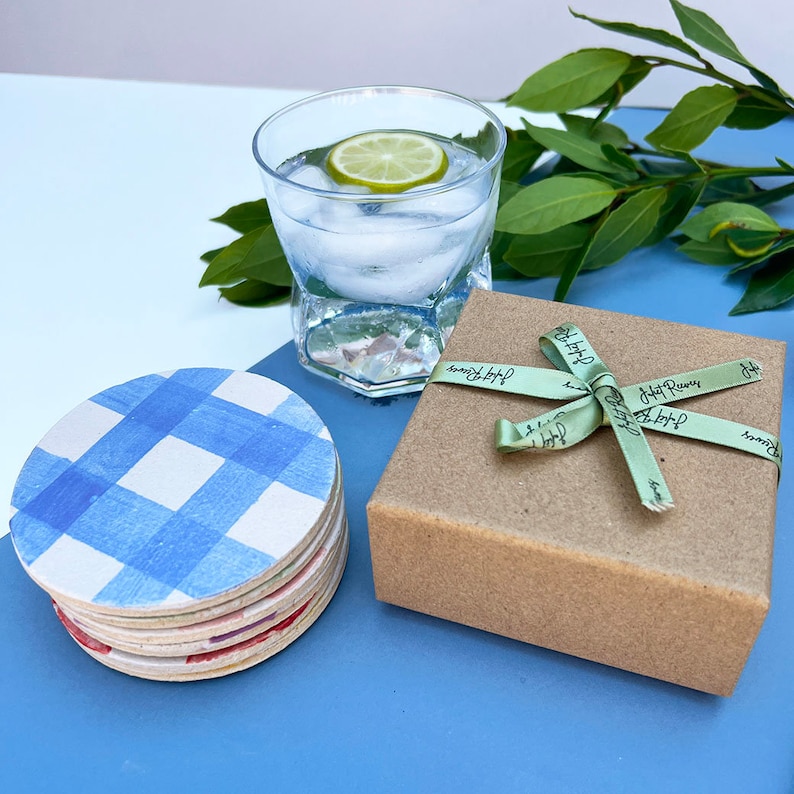 Round Ceramic Picnic Styled Coasters, Handmade Gingham Pattern Coasters, Set of 6 or Individual, Gifts for the home image 3