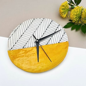 Mustard Herringbone Wall Clock, Kitchen Accessories, Handmade Hand painted Ceramic Clock, Housewarming Gift image 1