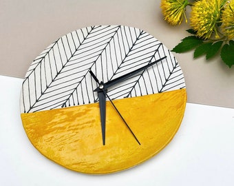 Mustard Herringbone Wall Clock, Kitchen Accessories, Handmade Hand painted Ceramic Clock, Housewarming Gift