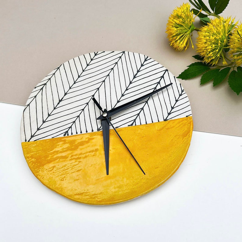 Mustard Herringbone Wall Clock, Kitchen Accessories, Handmade Hand painted Ceramic Clock, Housewarming Gift image 1