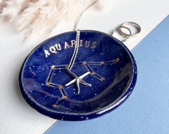 Blue Zodiac Constellation Star Sign Ring Dish, Blue and Gold, Unique Personalised Birthday Gifts, Handmade Ceramic Gifts, Unisex Gifts