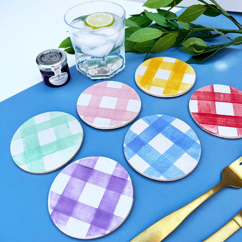 Round Ceramic Picnic Styled Coasters, Handmade Gingham Pattern Coasters, Set of 6 or Individual, Gifts for the home image 5