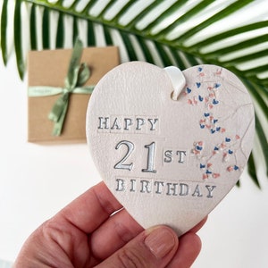 21st Birthday Hanging Heart, Milestone Birthday Ceramic Gift With Optional Matching Greetings Card image 2