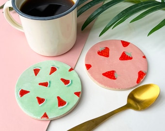 Colourful Fruit Themed Coasters, Set Of Four Ceramic Coasters