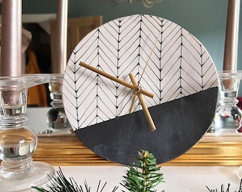 Black Herringbone Wall Clock, Kitchen Accessories, Handmade Hand painted Ceramic Clock, Housewarming Gift