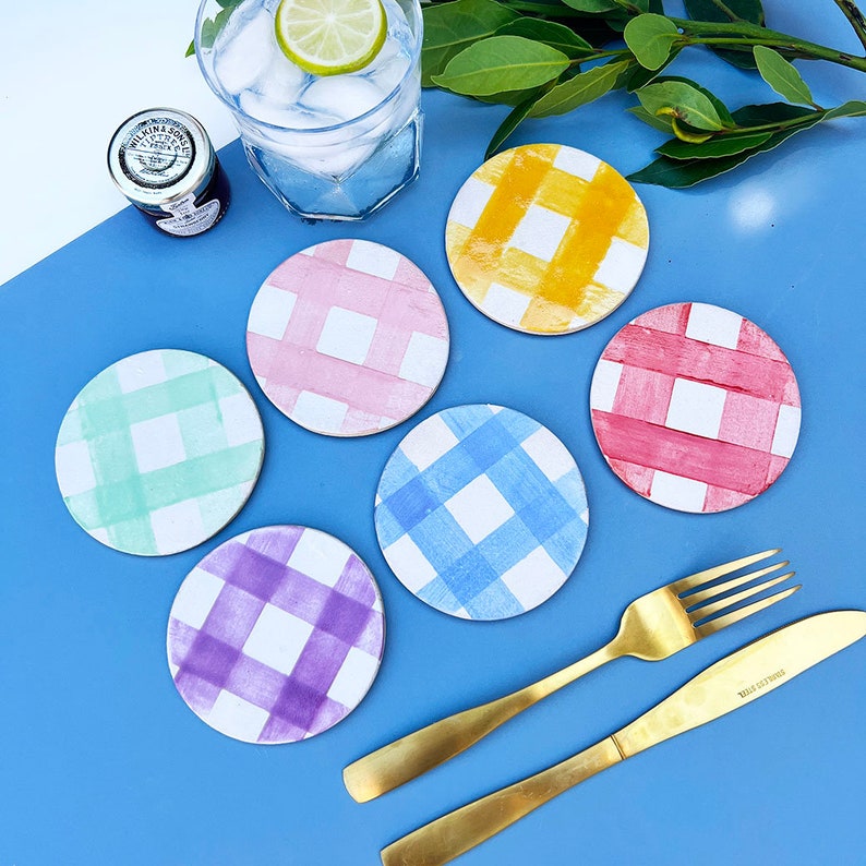 Round Ceramic Picnic Styled Coasters, Handmade Gingham Pattern Coasters, Set of 6 or Individual, Gifts for the home Mixed- if set chosen