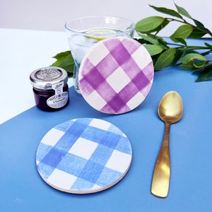 Round Ceramic Picnic Styled Coasters, Handmade Gingham Pattern Coasters, Set of 6 or Individual, Gifts for the home image 4