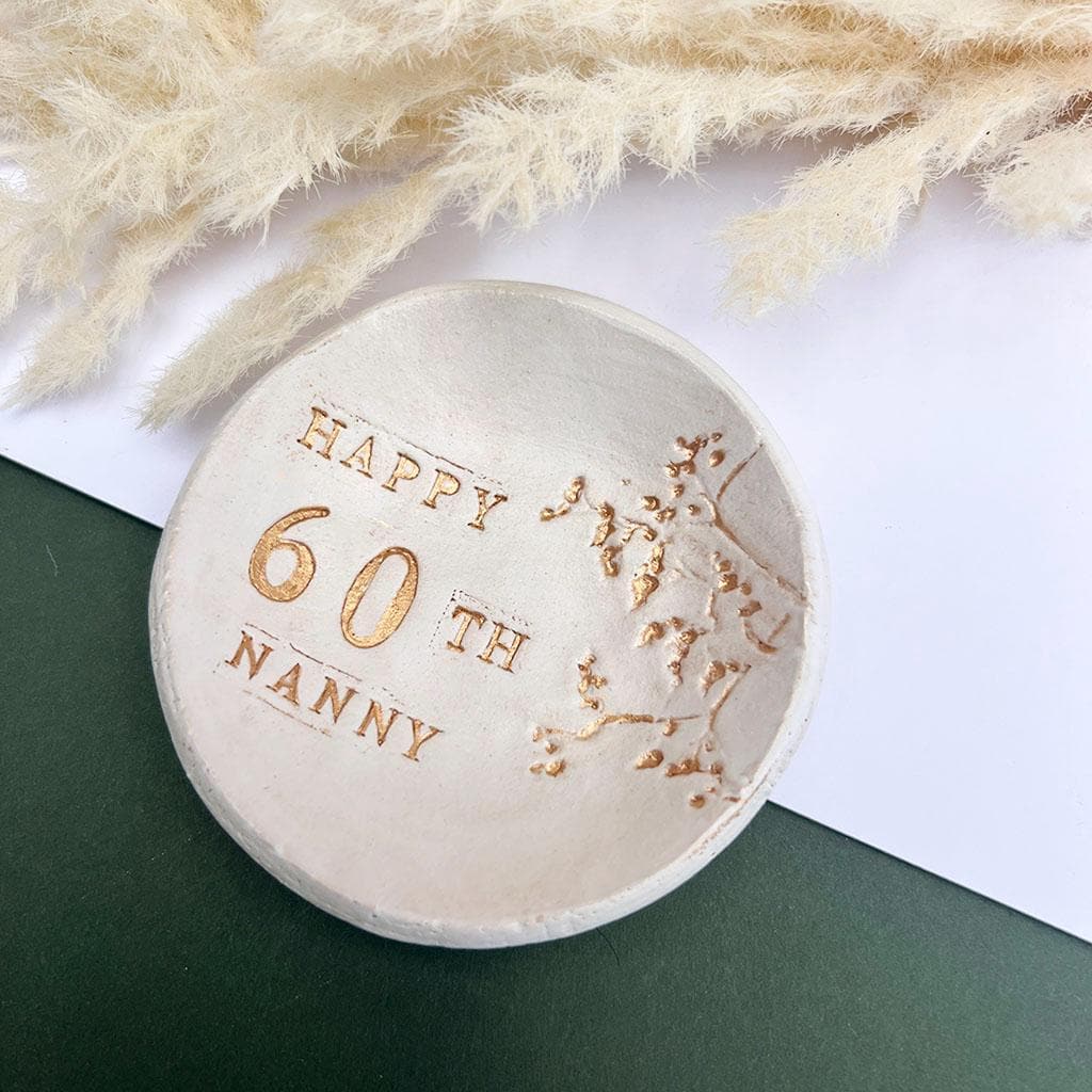 Milestone Birthday Nanny Gold And White Floral Ring Dish