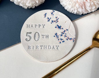 50th  Birthday Floral Coaster, Milestone Birthday Ceramic Gift With Optional Matching Greetings Card