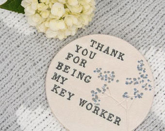 Key Worker Thank You Ceramic Coaster, Personalised Thank You Keepsake Gift for Friend, Handmade Pottery Coaster