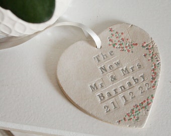 The New Floral Ceramic Wedding Hanging Heart, Personalised Wedding Keepsake For Newly Weds