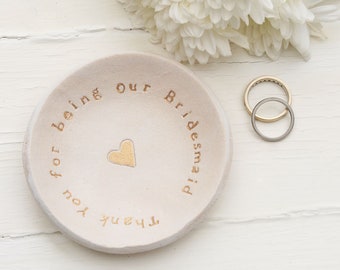 Bridesmaid Thank You Ceramic Ring Dish, Wedding Gifts For The Bride Tribe/ Bride Squad, Silver Or Gold Trinket Dish