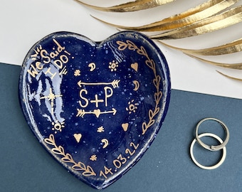 Heart Shaped Wedding Ring Dish, Blue Ceramic Jewellery Holder For Newlyweds, Gifts For Couples, Wedding Day Keepsake Gifts