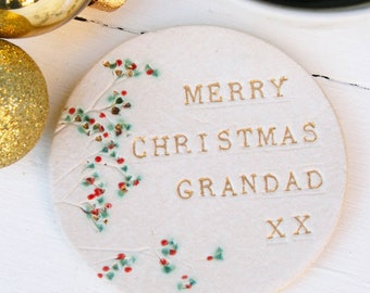 Round Grandad Christmas Coaster, Personalised Christmas Coaster For Grandparents, Ceramic Coasters For Grandad, Gifts for Him