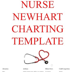 Puede incluir: Un documento blanco con el título NURSE NEWHART CHARTING TEMPLATE en texto rojo, que presenta un estetoscopio rojo con forma de corazón. Debajo del estetoscopio, texto negro enumera categorías médicas como Abrasion, Asthma, Blister/Sore y Cold/Congestion.