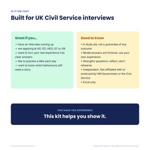 May include: An informational graphic titled Built for UK Civil Service interviews. It features two boxes: a light green box labeled Great if you... and a light yellow box labeled Good to know. A dark blue banner at the bottom reads This kit helps you show it.