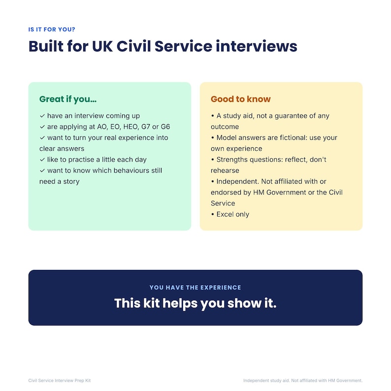 May include: An informational graphic titled Built for UK Civil Service interviews. It features two boxes: a light green box labeled Great if you... and a light yellow box labeled Good to know. A dark blue banner at the bottom reads This kit helps you show it.