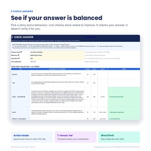 May include: A digital interface titled 2 CHECK ANSWER See if your answer is balanced, featuring a table with columns for Part, Story, Words, Share, Aim for, and Check. The table displays text about a claims backlog, task, action, and result.