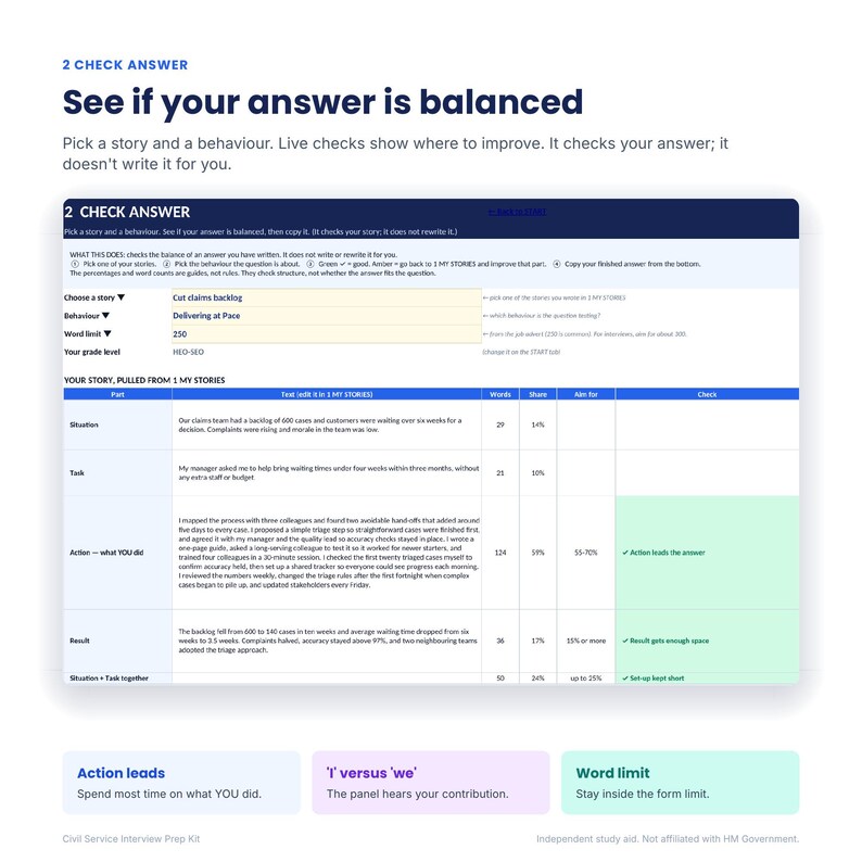May include: A digital interface titled 2 CHECK ANSWER See if your answer is balanced, featuring a table with columns for Part, Story, Words, Share, Aim for, and Check. The table displays text about a claims backlog, task, action, and result.