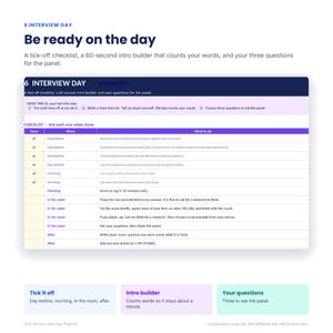 May include: A digital interview preparation document titled 6 INTERVIEW DAY. It features a checklist with columns for timing and tasks, including sections for a 60-second intro builder and three questions for the panel, presented in a clean, organized layout.